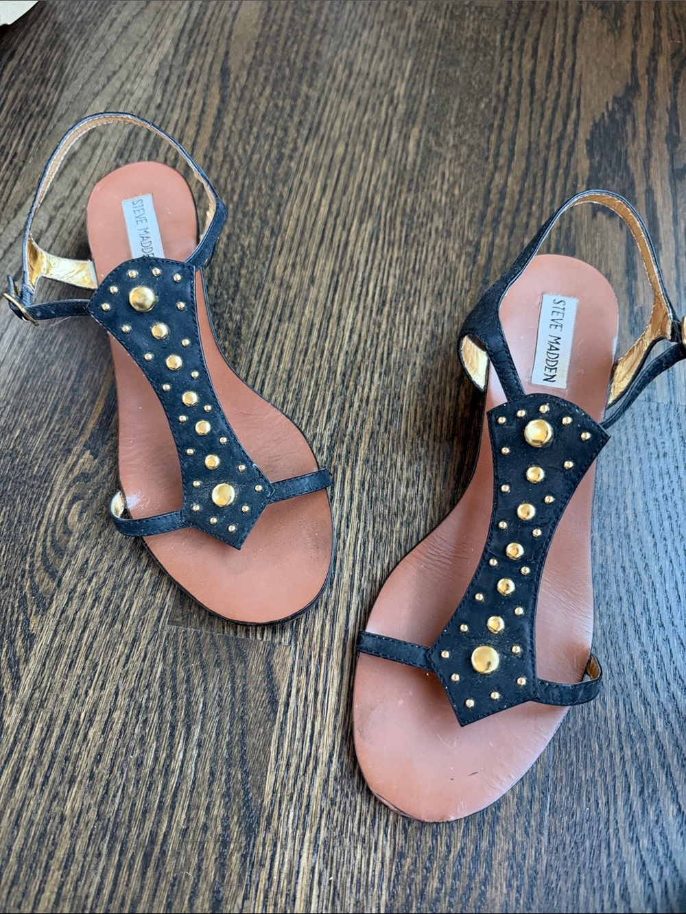 Steve Madden Black Suede Studded T-Strap Sandals